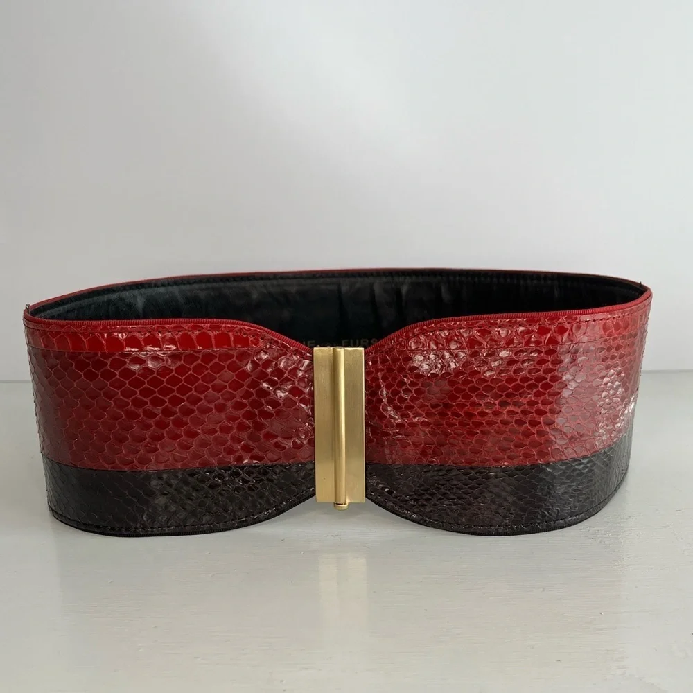Diane Von Furstenberg Snake Embossed Leather Belt Red Black Slide Closure S